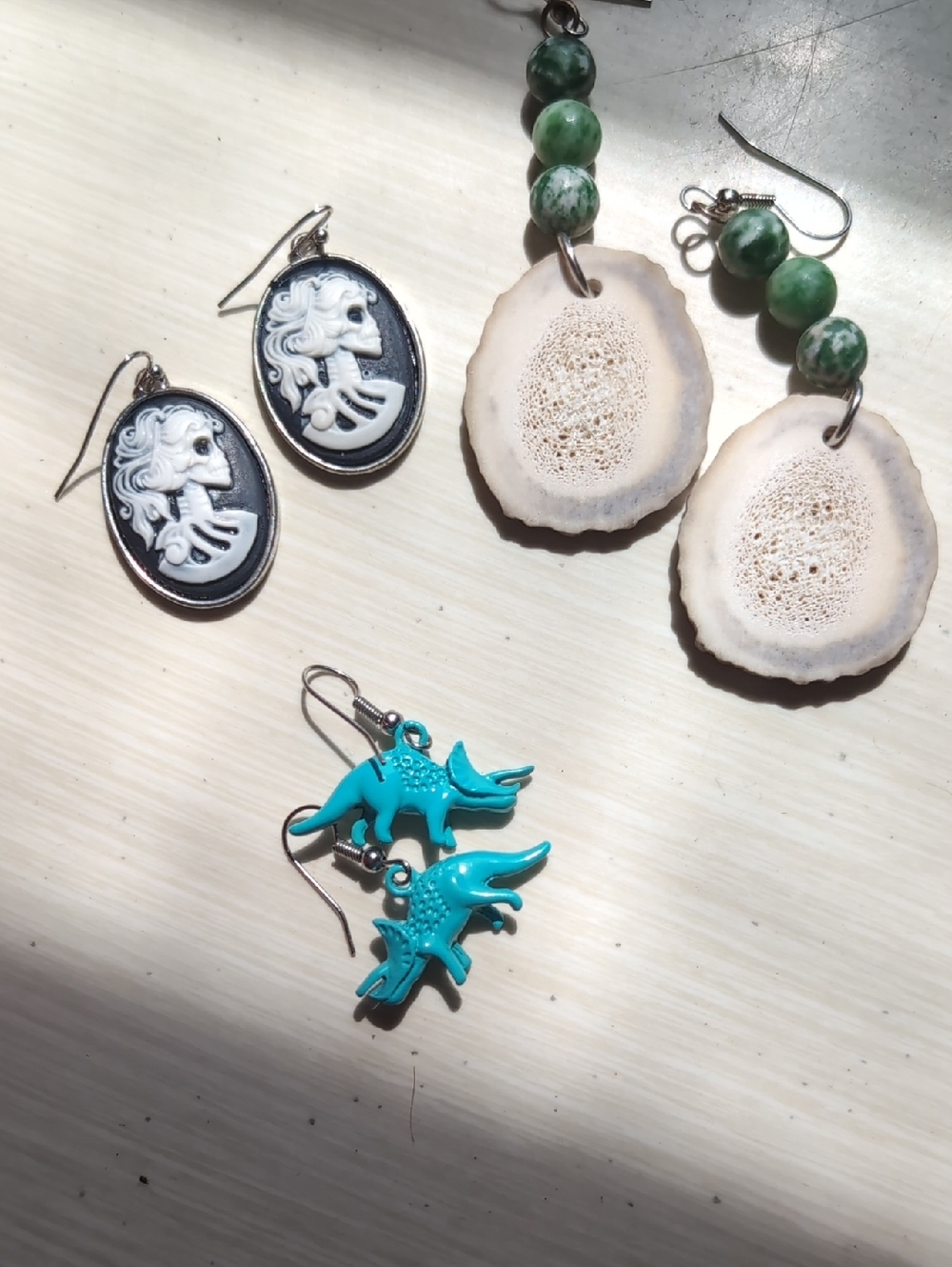 Assorted Earring Set — Green, Black/White Cameo, Turquoise Dinosaur